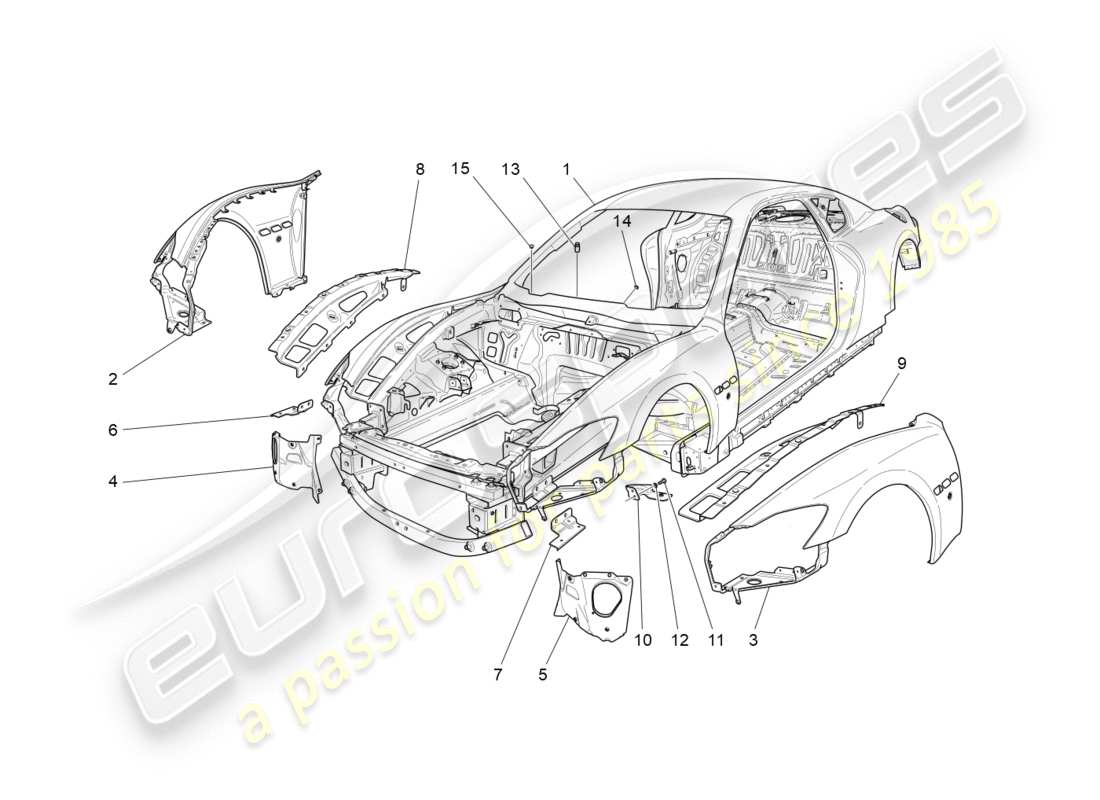 maserati granturismo (2010) bodywork and front outer trim panels part diagram