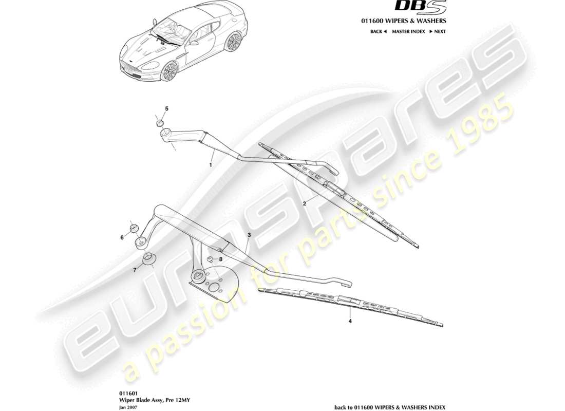 aston martin dbs (2007) wiper blade assembly parts diagram