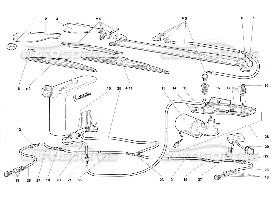 lamborghini diablo roadster (1998) windscreen wiper and headlamp washers parts diagram