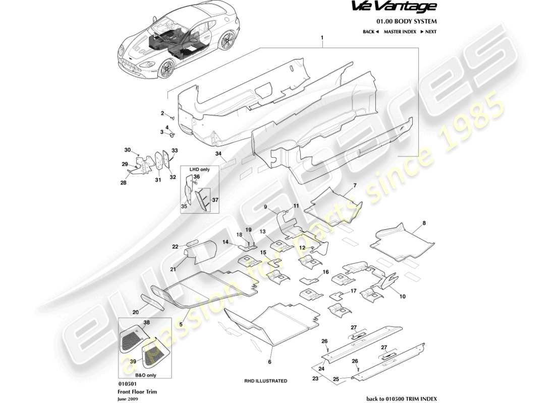 aston martin v12 vantage (2011) floor trim part diagram