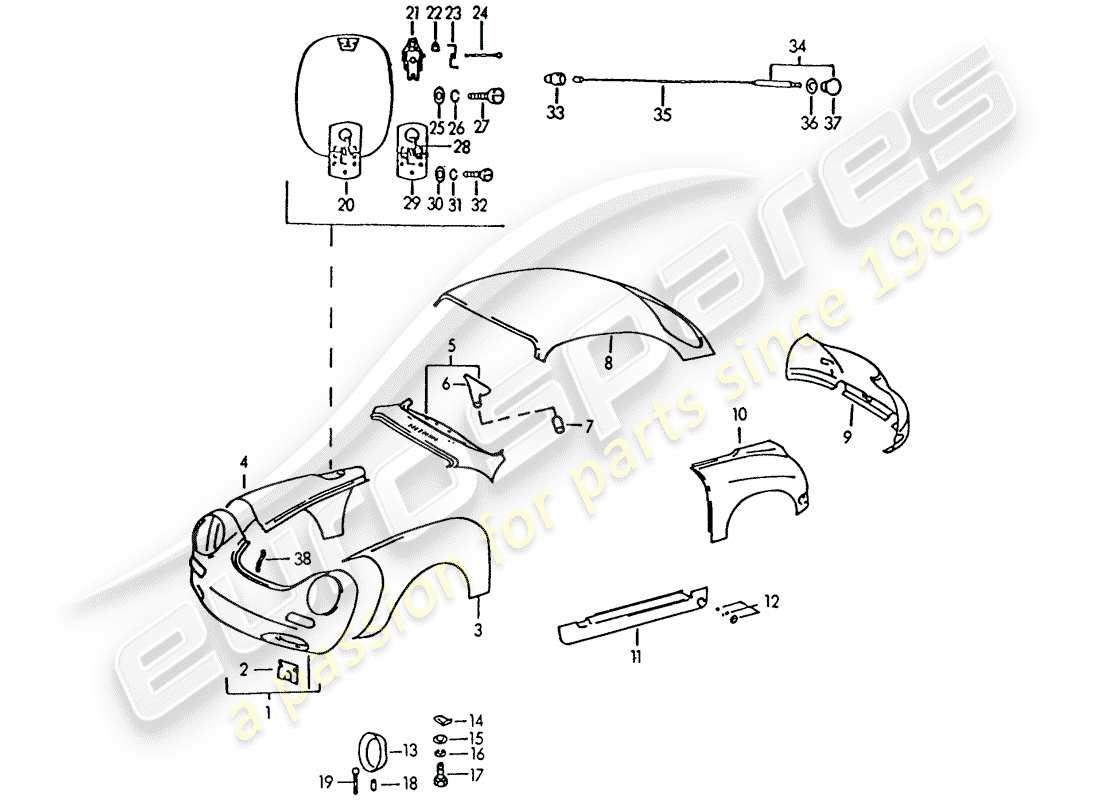 porsche 1963 (356b/356c) exterior panelling part diagram