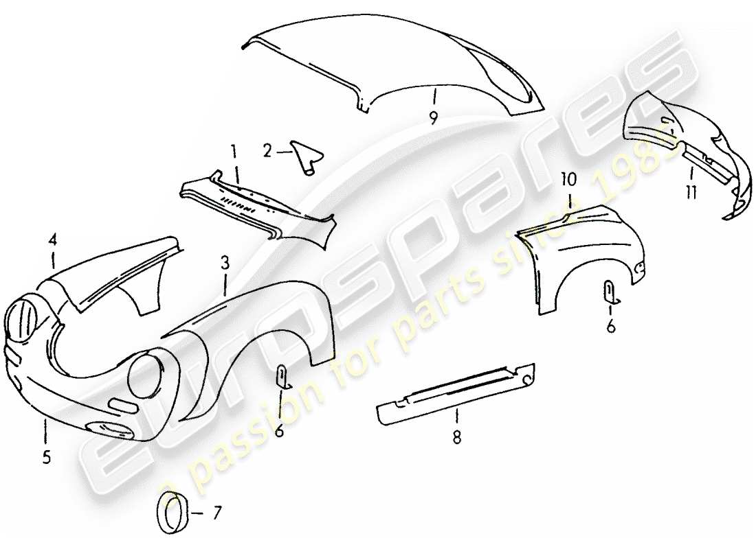 porsche 1955 (356/356a) exterior panelling parts diagram