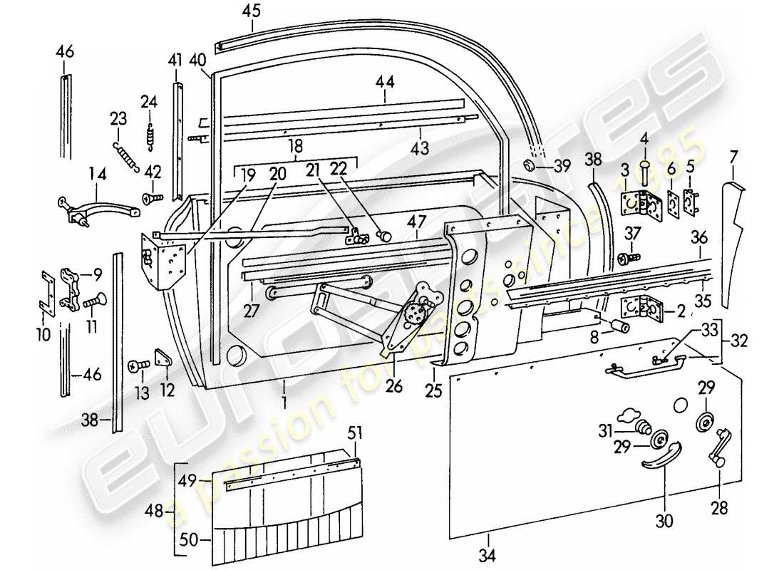 porsche 1957 (356/356a) door - with: parts diagram
