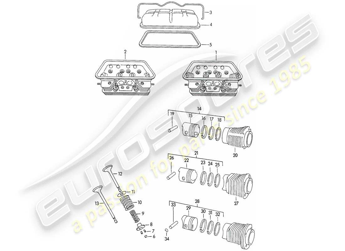 porsche 1958 (356/356a) cylinder head - cylinder with pistons - m >> 10 199 - m >> 21 780 - m >> 50 099 - m >> 21 999 - m >> 33 899 - m >> 40 999 part diagram