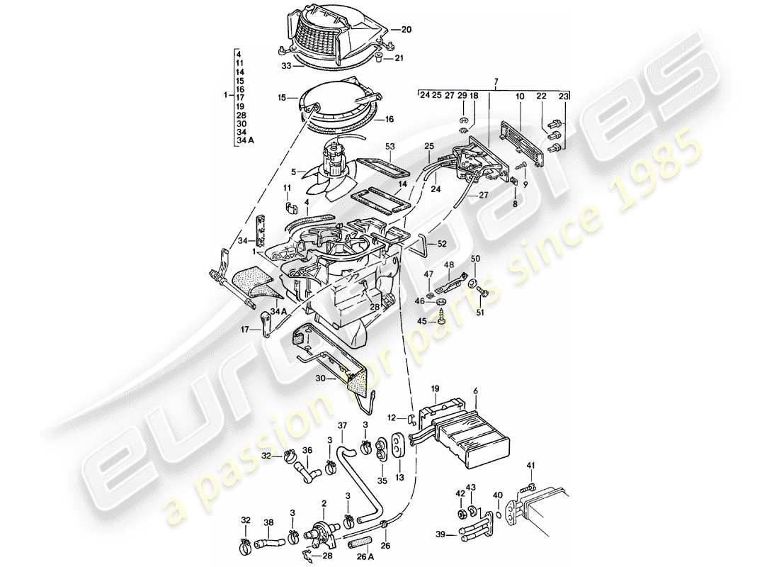 porsche 1982 (924) heater - heater core - f >> 92-cn402 197 - f >> 93-cn100 305 - f >> 93-bn700 450 part diagram