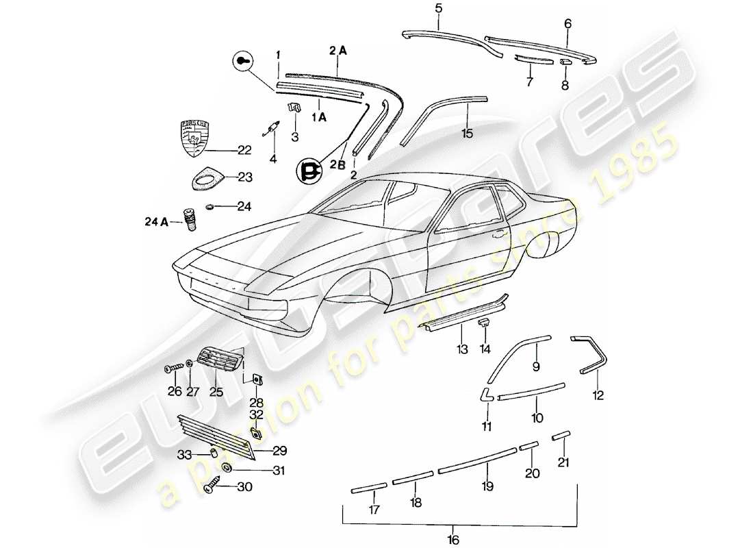 porsche 1982 (924) decorative fittings part diagram