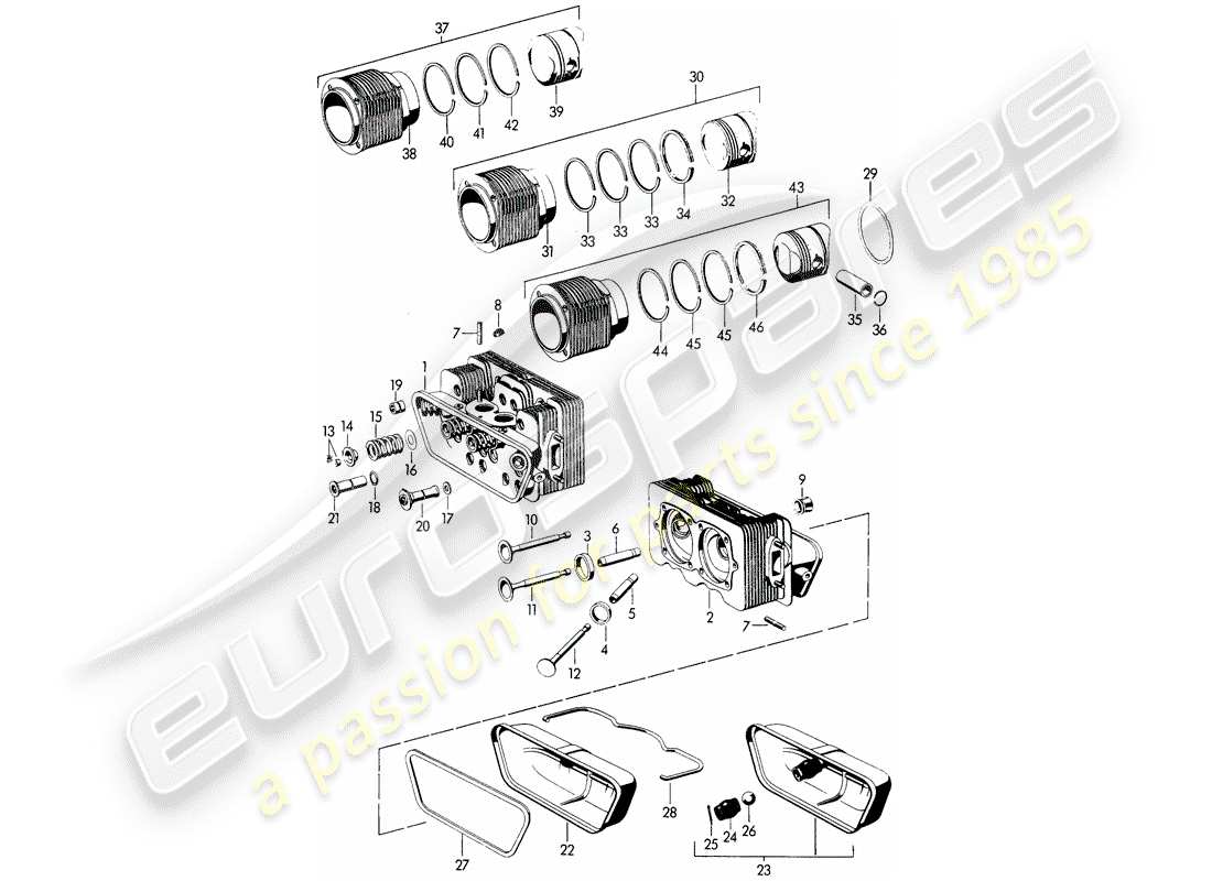 porsche 1963 (356b/356c) cylinder head - cylinder with pistons part diagram