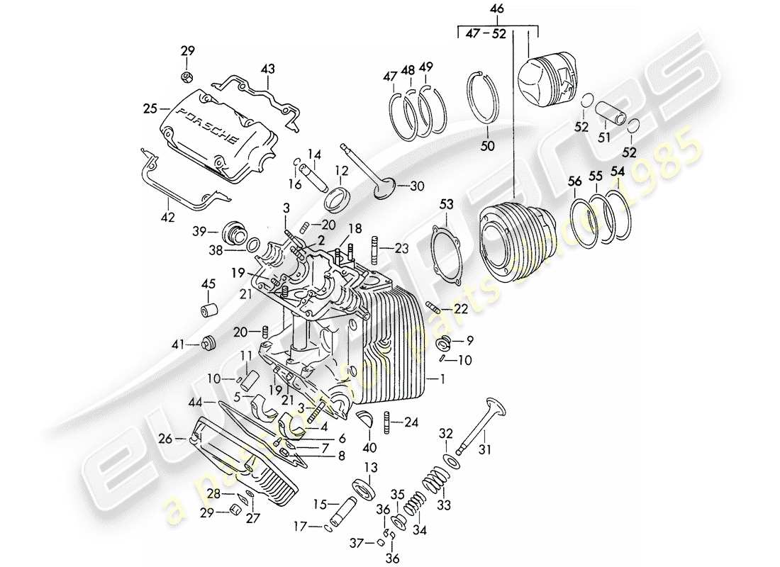 porsche 1963 (356b/356c) cylinder head - cylinder with pistons part diagram