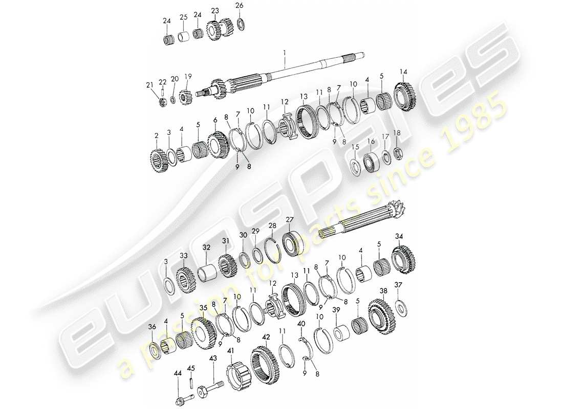 porsche 911 (1970) gears and shafts - 5-speed - transmission - d >> - mj 1971 part diagram