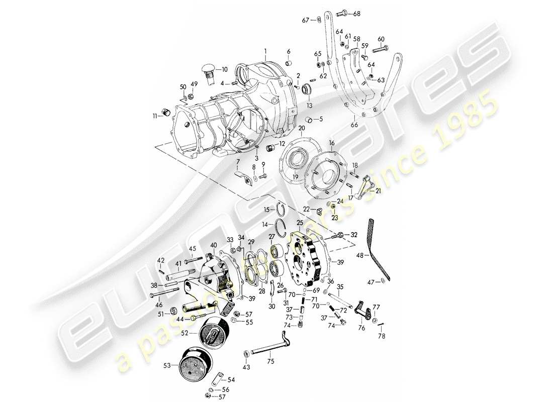 porsche 1954 (356/356a) transmission case - with: - transmission suspension - for - tunnel transmission part diagram