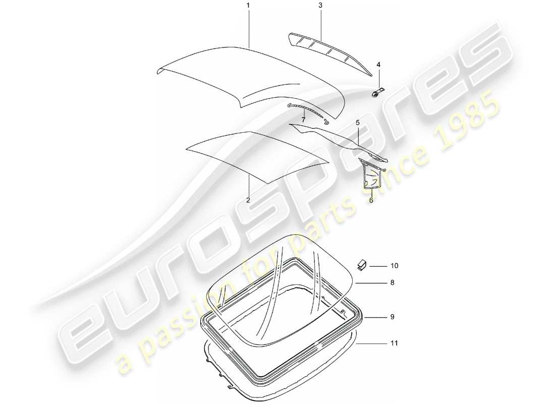 porsche 2001 (996) convertible top covering - roof trim panel parts diagram