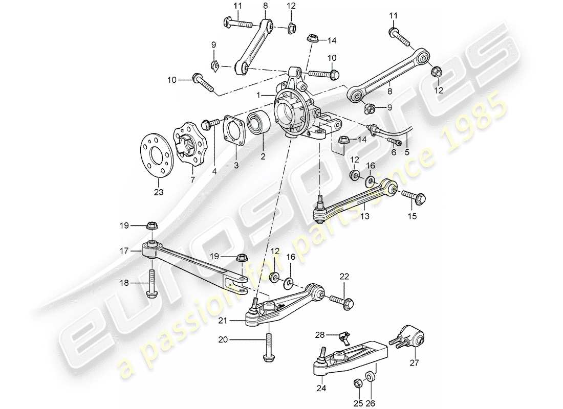 porsche 2005 (996 gt3) rear axle - wheel carrier - upper link - wheel hub part diagram