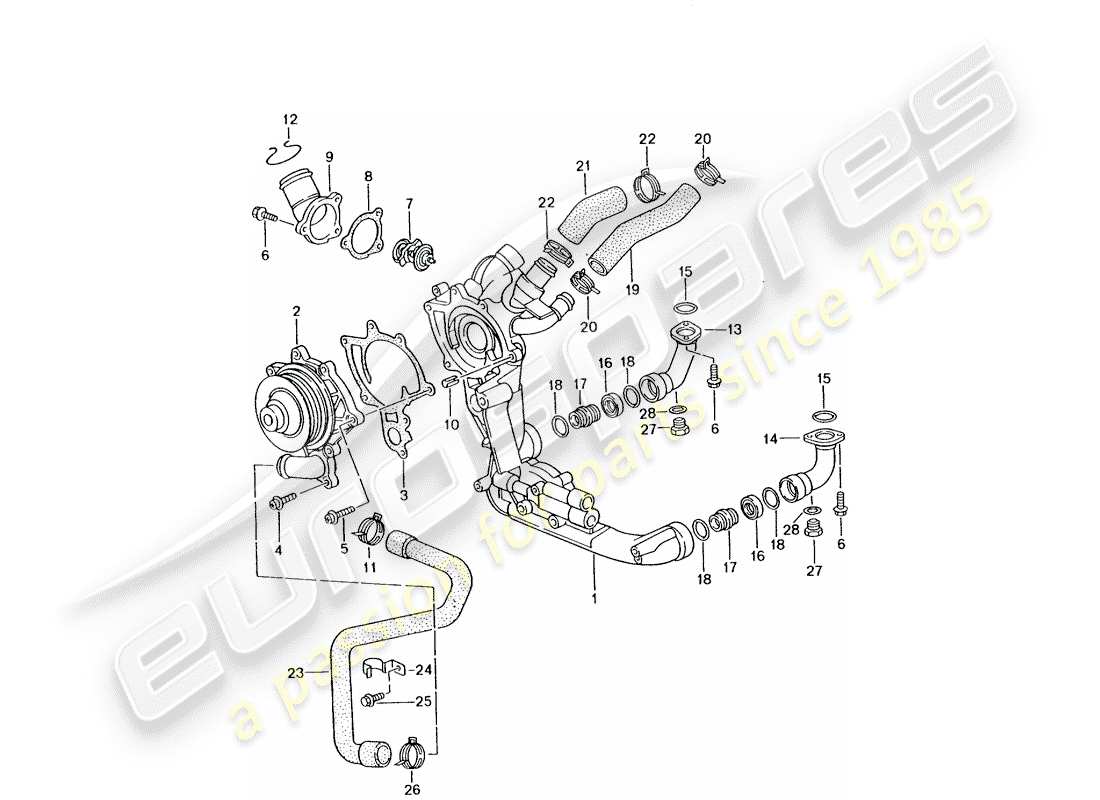 porsche 2001 (996 gt3) water pump - water pump housing parts diagram