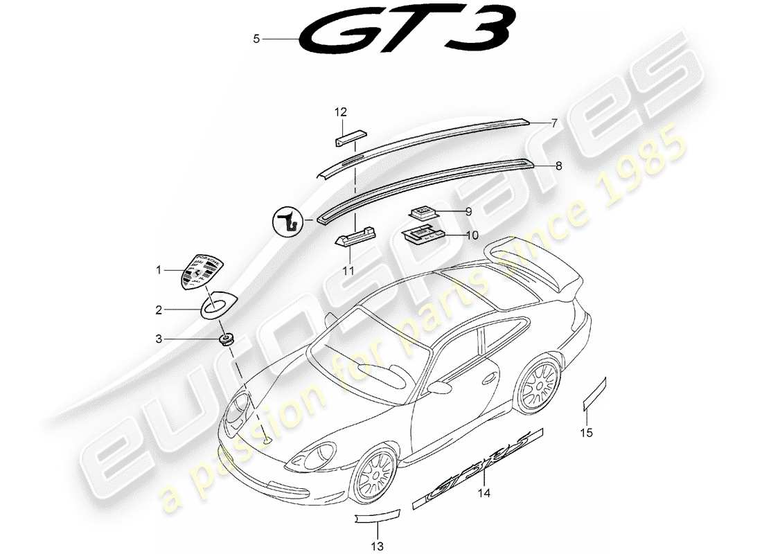 porsche 2005 (996 gt3) nameplates - moldings parts diagram