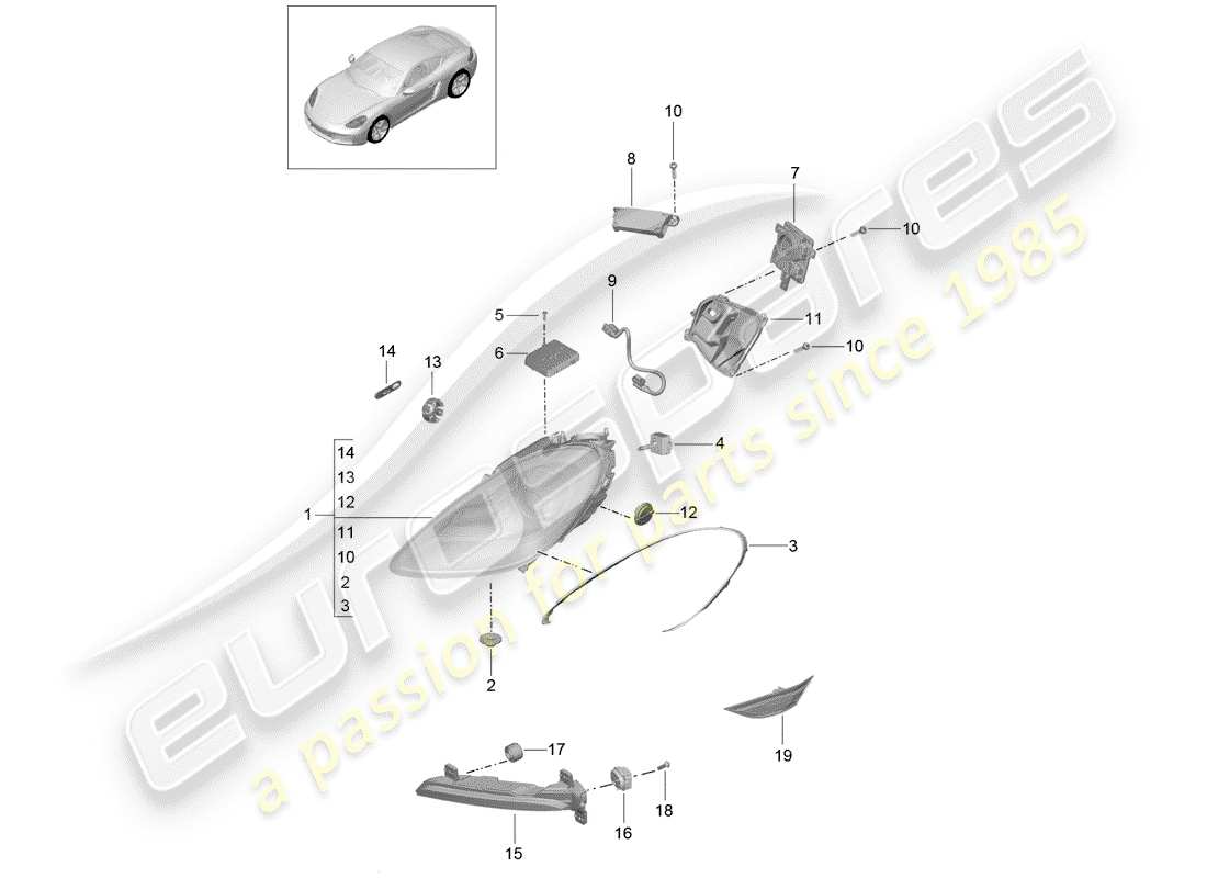 porsche 2020 (718 cayman) headlamp part diagram