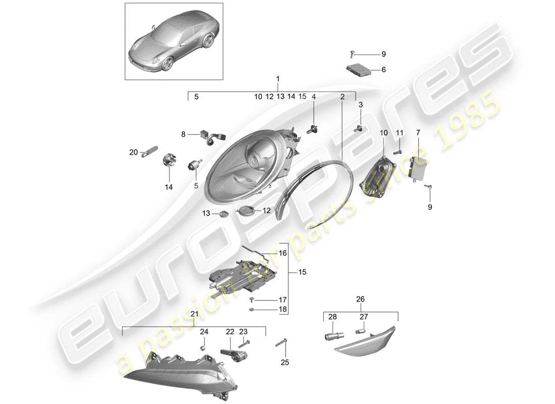 porsche 2012 (991-1) headlamp part diagram