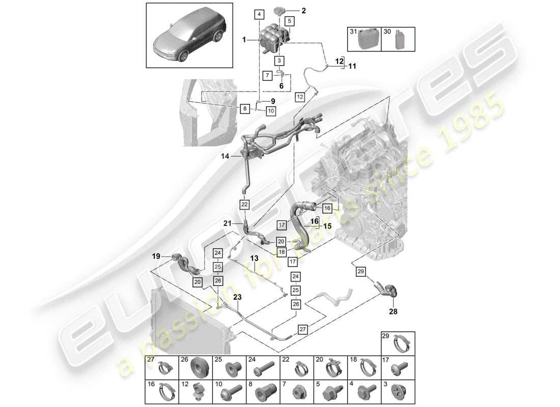 porsche 2020 (cayenne e3 9ya/9yb) water cooling part diagram