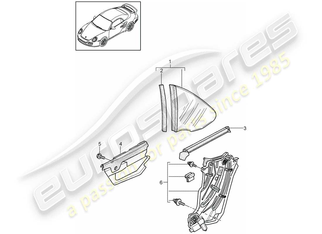 porsche 2011 (997-2 turbo / gt2 rs) side window part diagram
