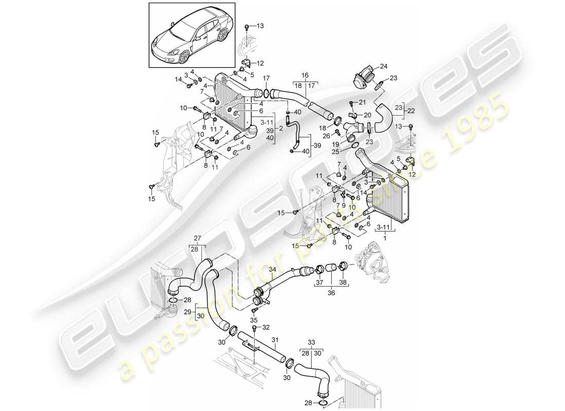 porsche panamera 970 (2011) charge air cooler parts diagram