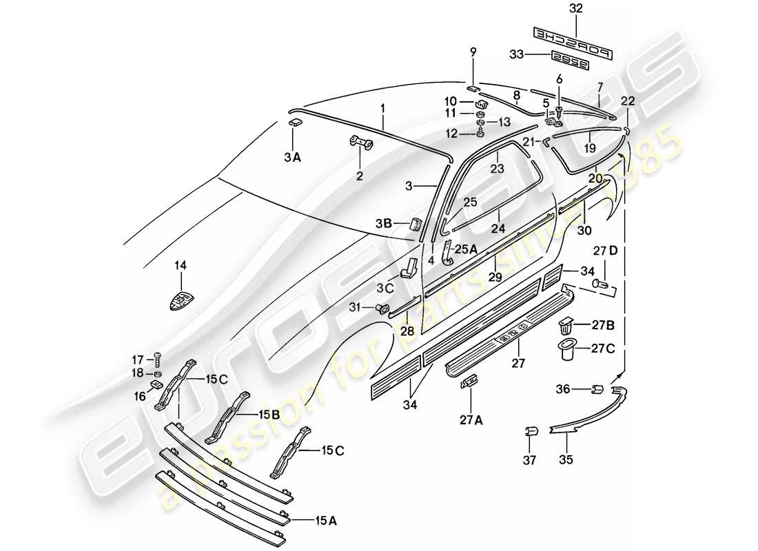 porsche 1979 (928) cover strip - decorative fittings - f >> 92-cs800 354 - f >> 92-cs840 998 - f 92-cs800 355>> - f 92-cs840 999>> - see tpi - gr.8 nr.38 part diagram