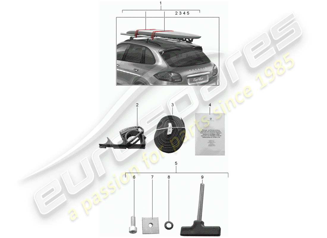 porsche 2006 (tequipment cayenne) surf board carrier part diagram