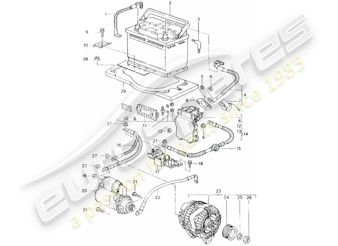 porsche 2001 (986 boxster) battery - central extraction - starter - alternator part diagram