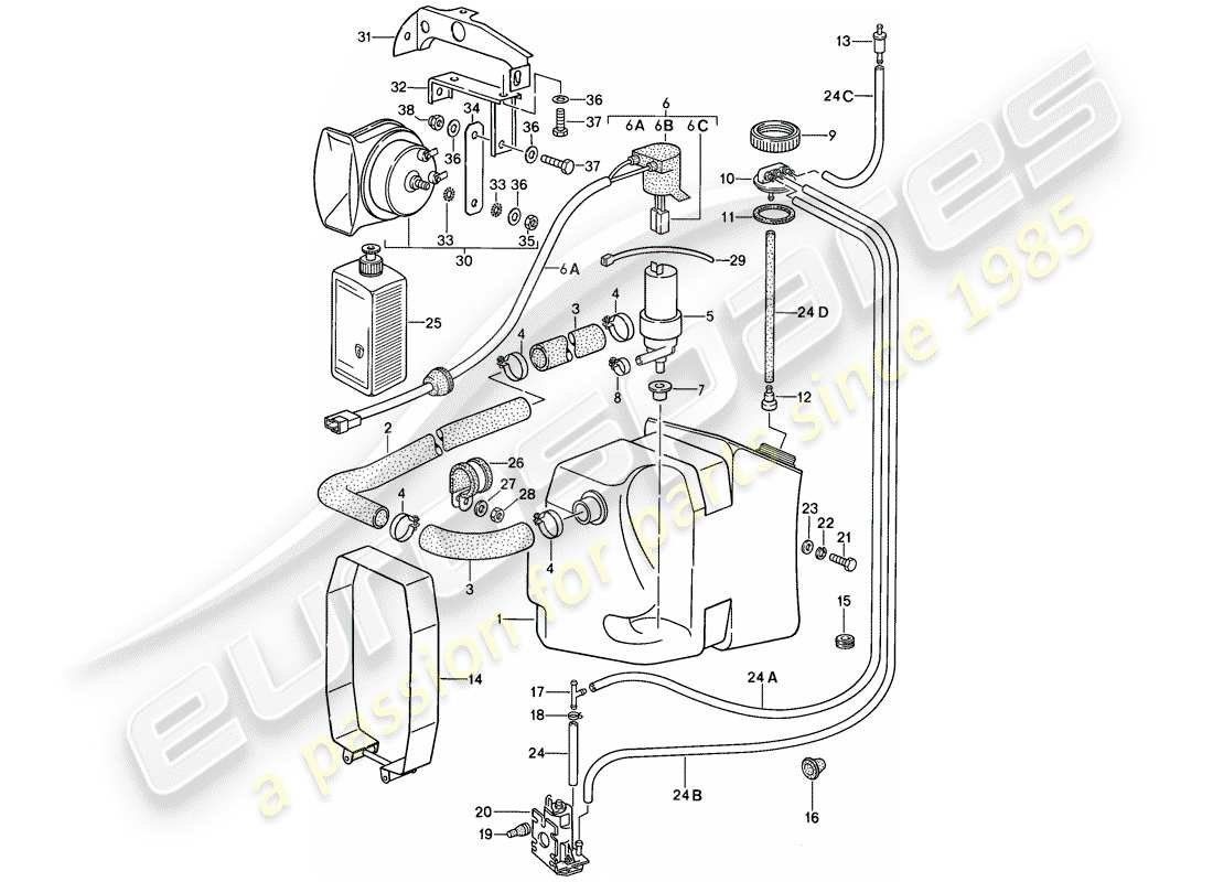 porsche 1987 (911) special model - flatnose design - windshield washer unit - horn part diagram