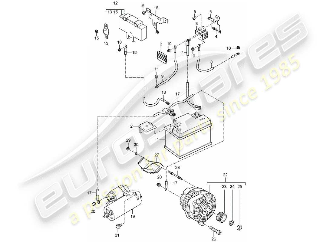 porsche 2006 (carrera gt) battery - ground distributor - junction box - starter - alternator part diagram