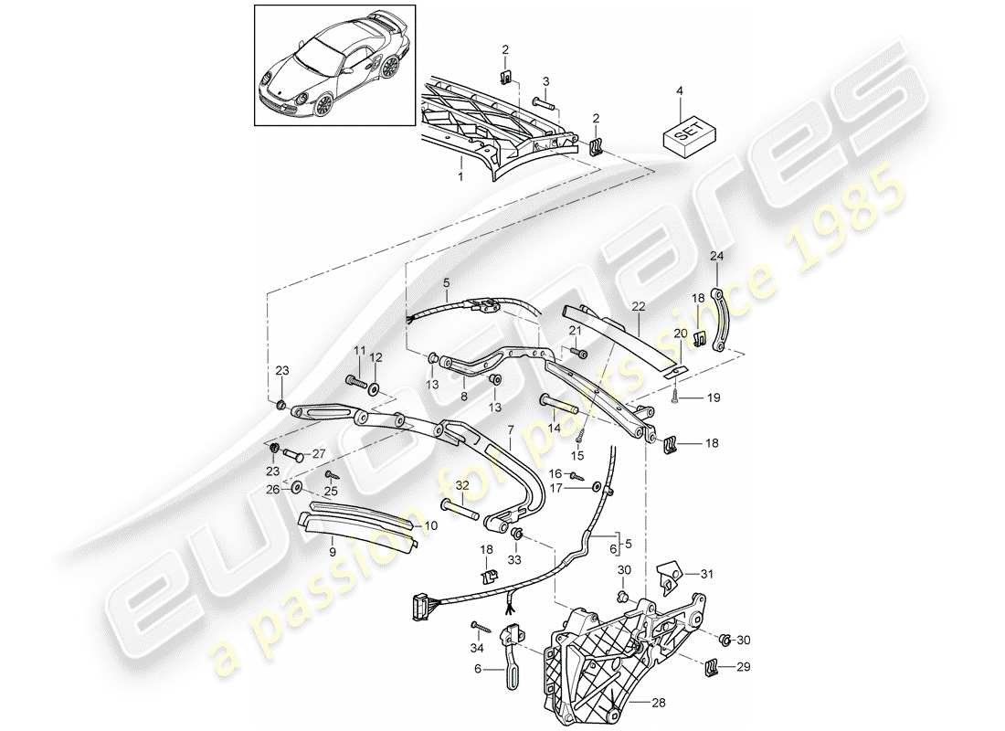 porsche 911 t/gt2rs (2011) top frame part diagram