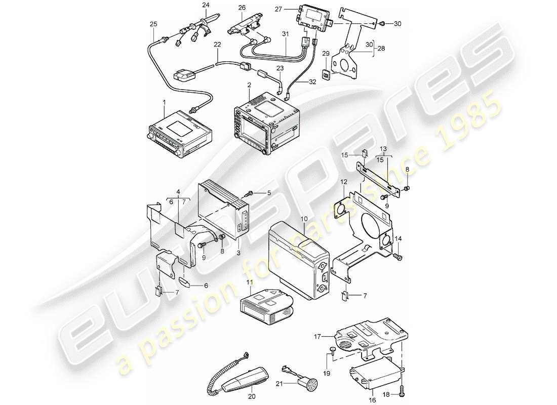 porsche boxster 986 (2000) radio unit - amplifier - navigation system - telephone - d - mj 2003>> parts diagram