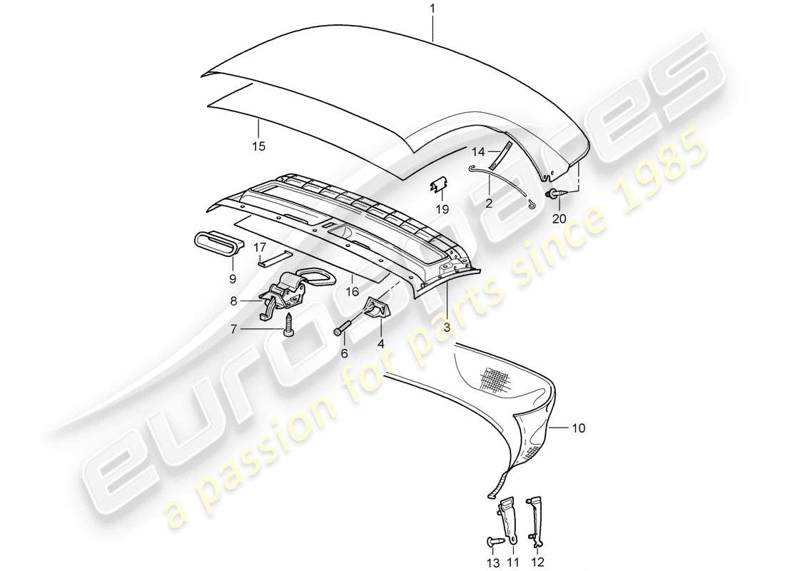 porsche 2001 (986 boxster) convertible top covering - headliner part diagram