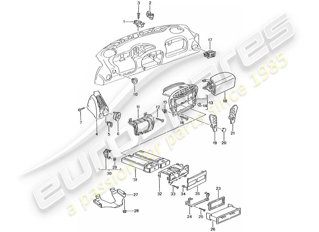 porsche 2002 (996 turbo / gt2) accessories - dash panel trim parts diagram