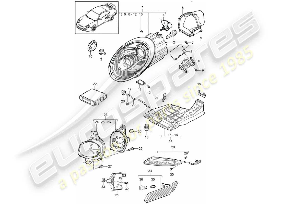 porsche 2011 (997-2 turbo / gt2 rs) headlamp part diagram