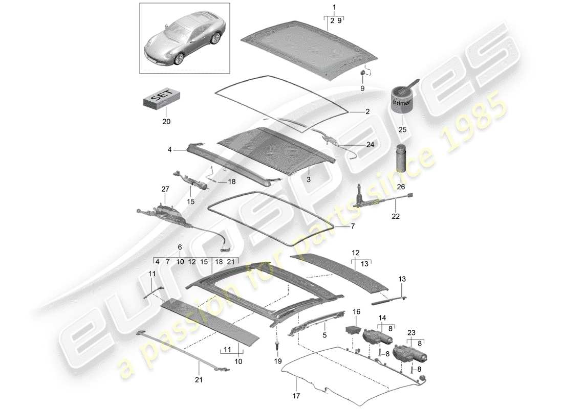 porsche 991 gen. 2 (2017) glass roof parts diagram
