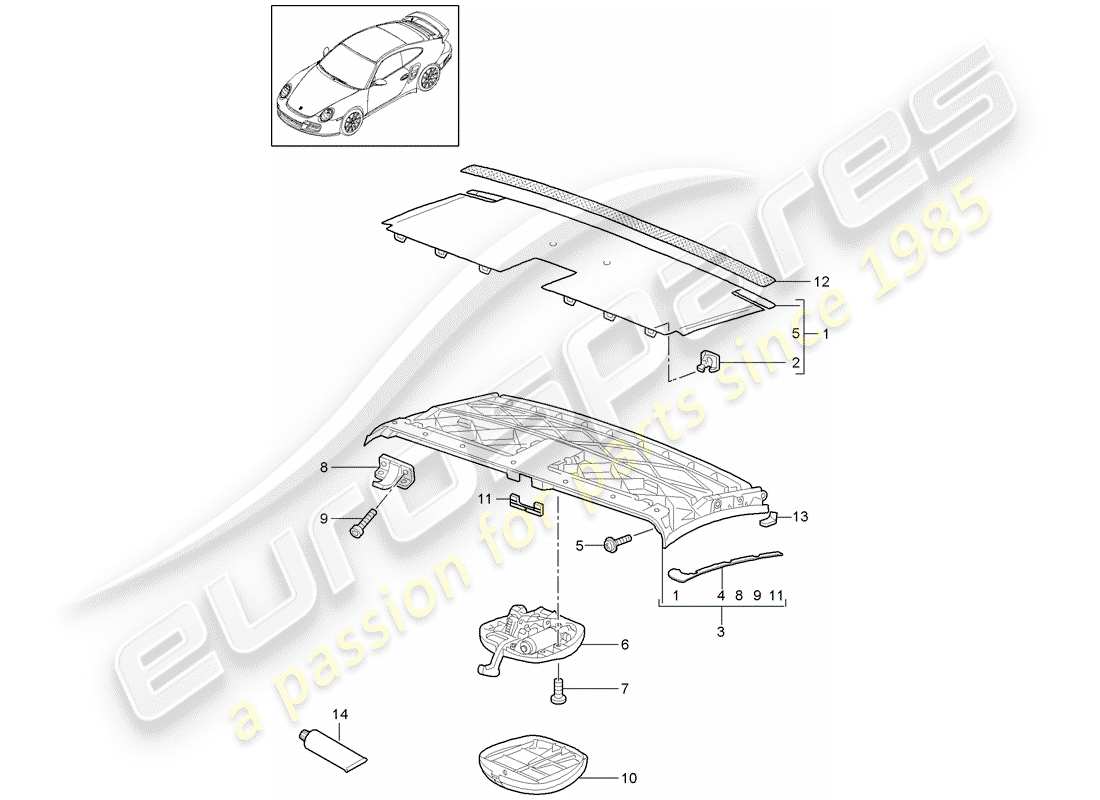 porsche 2011 (997-2 turbo / gt2 rs) top frame part diagram