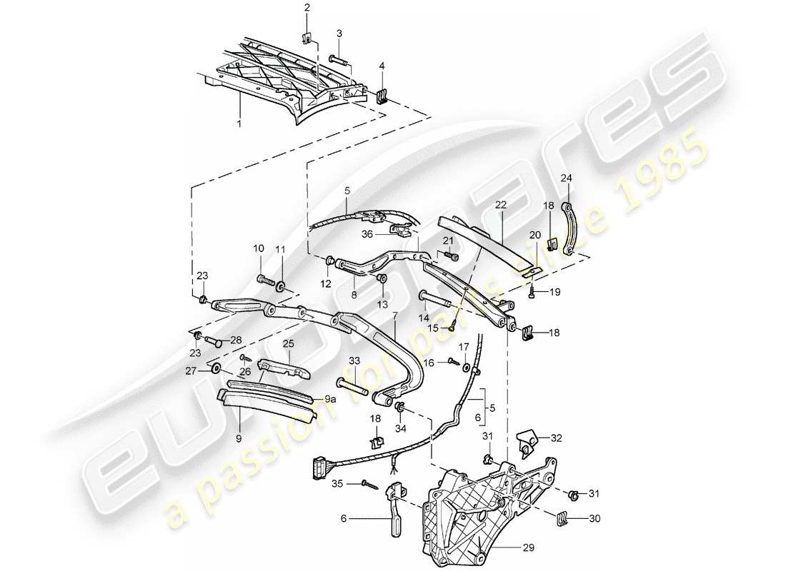 porsche 996 t/gt2 (2001) top frame - single parts parts diagram