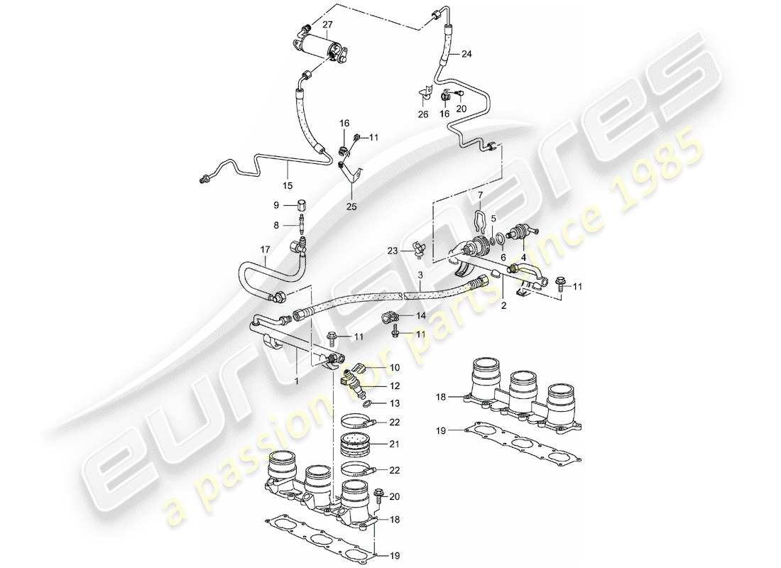 porsche 996 t/gt2 (2002) fuel collection pipe parts diagram