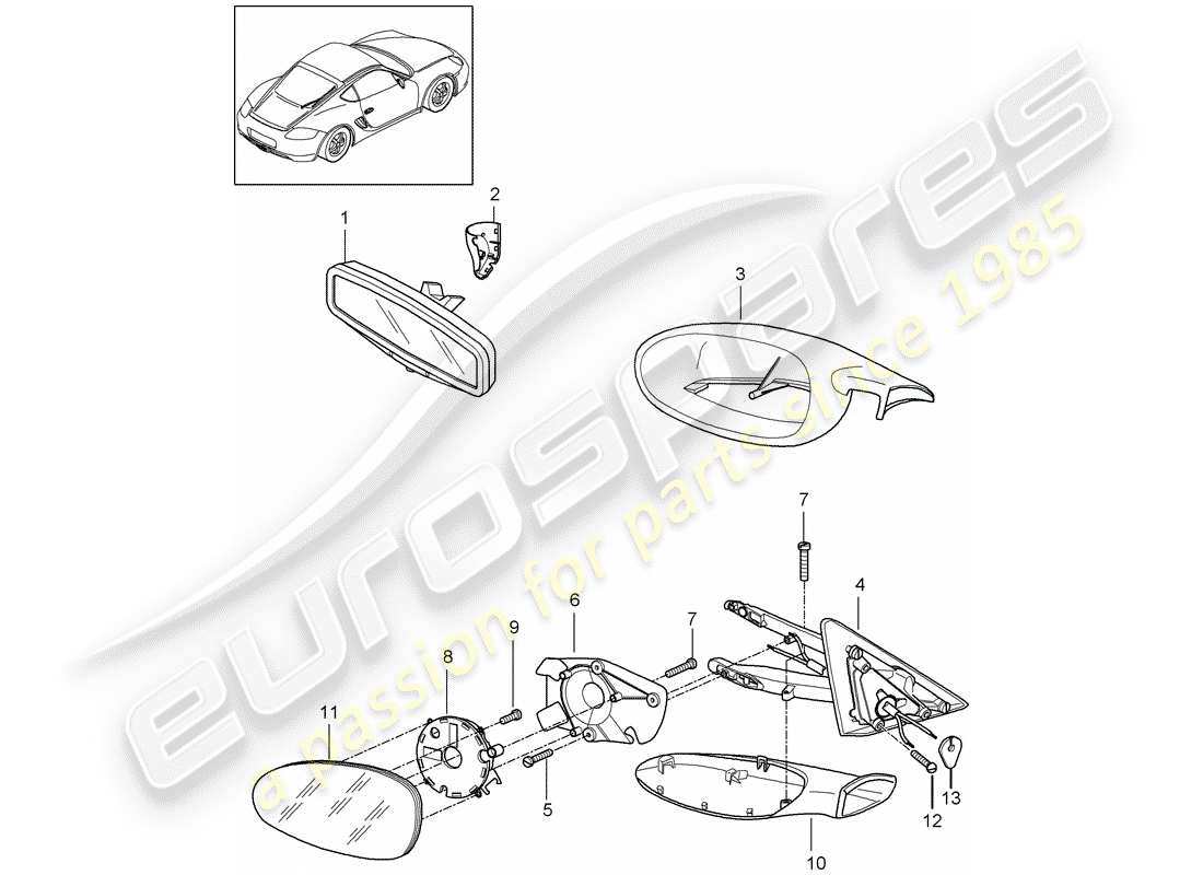 porsche 2012 (987 cayman) rear view mirror inner part diagram