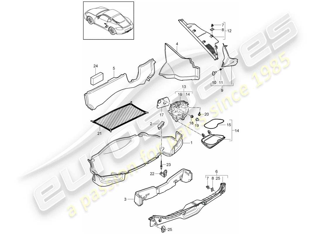porsche 2010 (987 cayman) luggage compartment part diagram