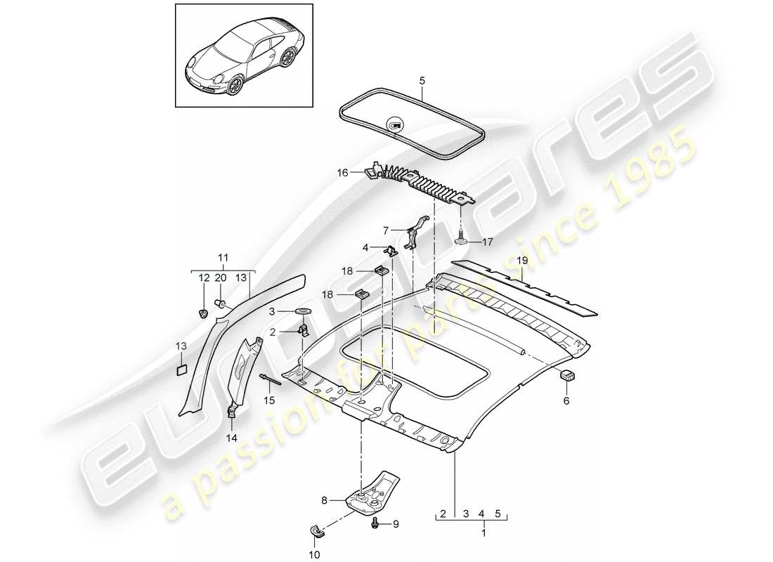 porsche 2011 (997-2 turbo / gt2 rs) roof trim panel part diagram