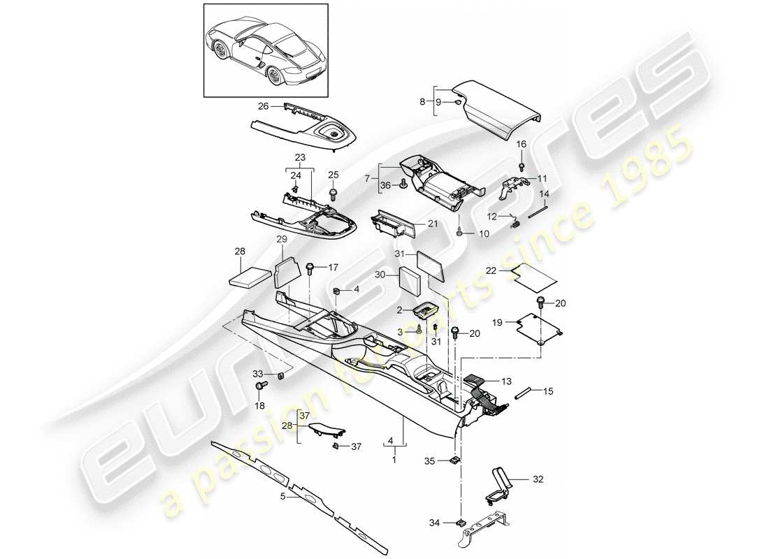 porsche 2012 (987 cayman) center console part diagram