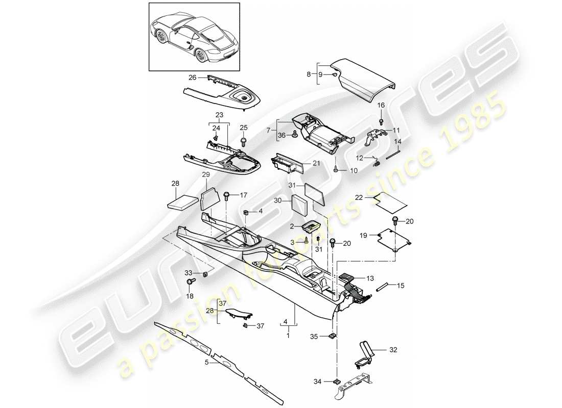 porsche cayman 987 (2010) center console parts diagram