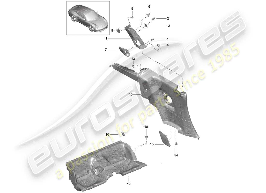 porsche 991 (2015) quarter trim panel parts diagram