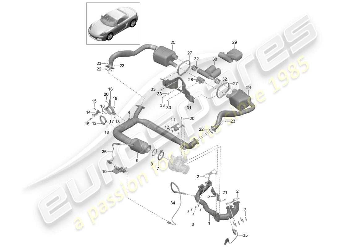 porsche 2020 (718 boxster) exhaust system silencer catalytic converter parts diagram