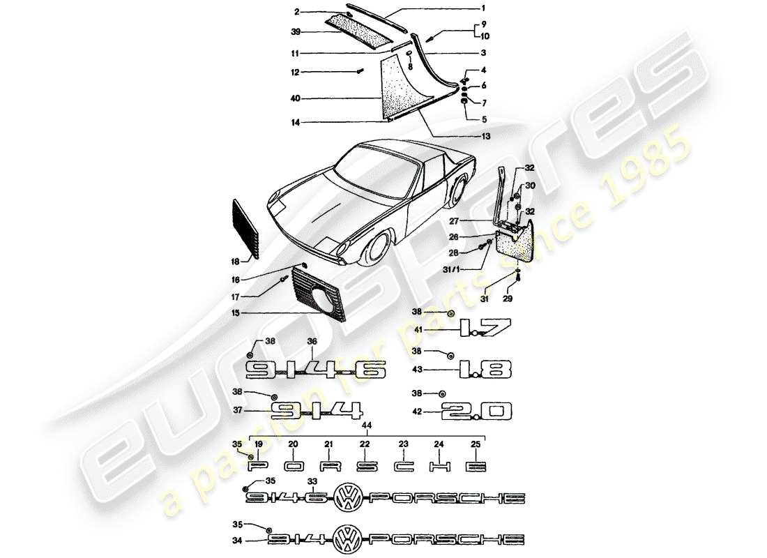 porsche 1972 (914) decorative fittings part diagram