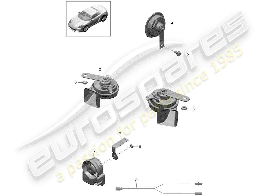 porsche 2019 (718 boxster) fanfare horn part diagram