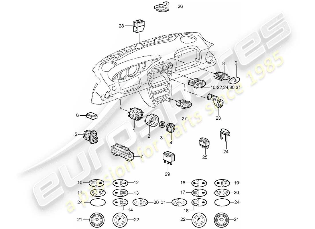 porsche 996 t/gt2 (2005) switch parts diagram