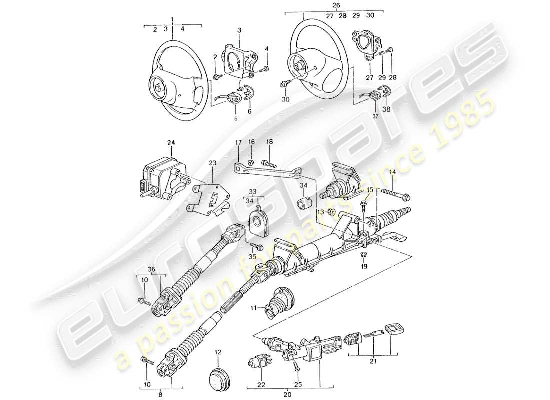 porsche 2001 (986 boxster) steering protective pipe - intermediate steering shaft - steering wheel part diagram