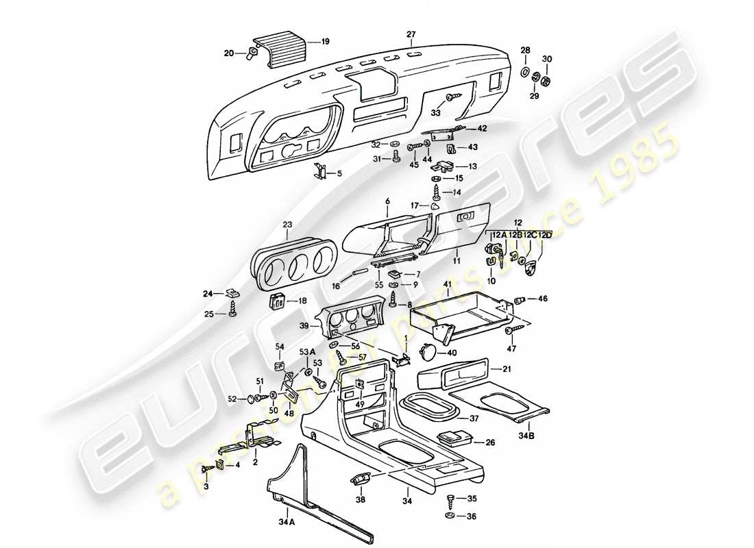porsche 1988 (924s) dashboard - center console part diagram