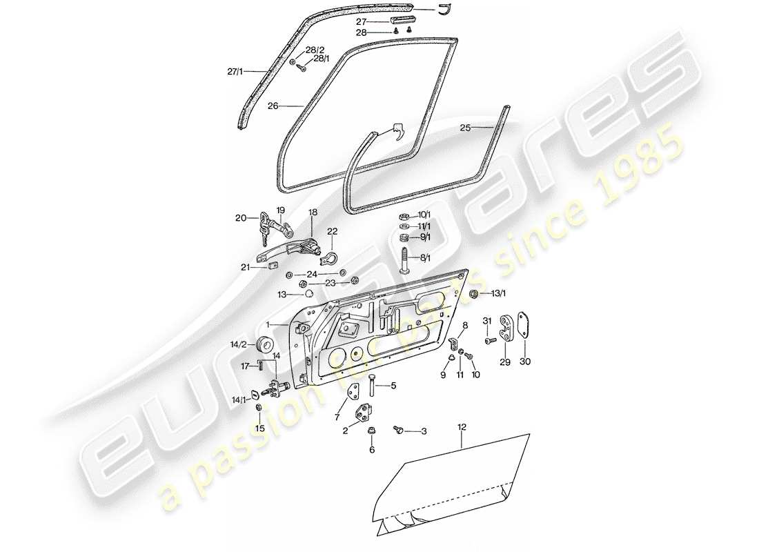 porsche 1977 (911) door - with installation parts part diagram